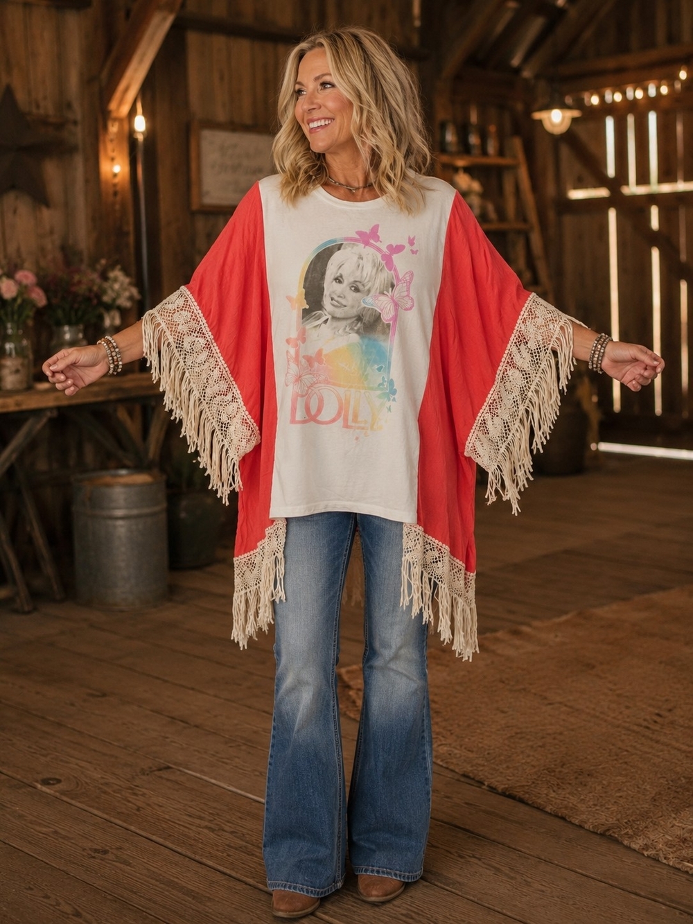 Fringed Coral & Cream Graphic Dolly Kimono Top
